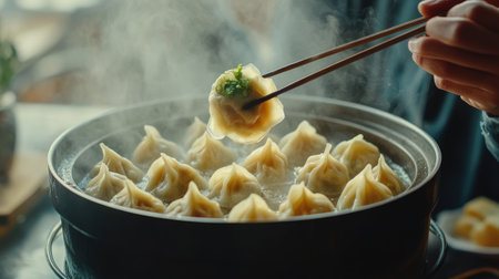 A steaming pot of gyoza being served, with one gyoza being lifted with chopsticks, showcasing the delicate texture and juicy filling inside.の素材