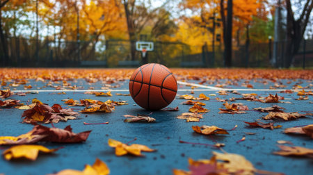 A serene scene of a basketball lying on a deserted outdoor court, surrounded by fallen leaves, capturing the essence of a quiet autumn day.の素材