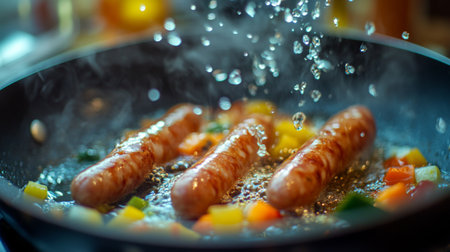 Juicy sausages fry with colorful vegetables in a pan, creating a delicious cooking scene. Water splashes add a dynamic touch to this vibrant kitchen setting.の素材