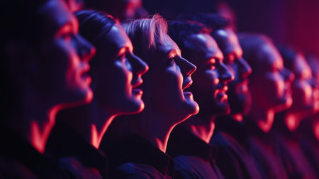 A diverse group of people joyfully singing together in a dramatic light setting. Each individual exhibits a unique expression, highlighting the emotional power of music and performance.の素材