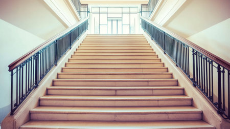 A stunning view of an elegant staircase featuring clean lines and beautiful railings, illuminated by natural light streaming through large windows, inviting exploration.の素材