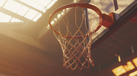 Sunlight streams through a gym, illuminating a basketball hoop, capturing the spirit of sport and fitness in a vibrant indoor setting. Perfect for sports themes.の素材