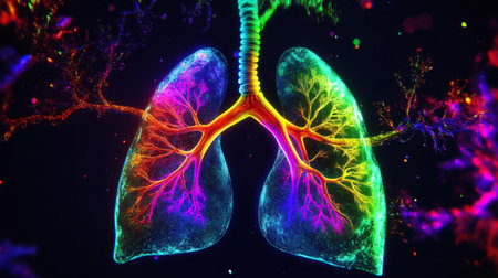 This vibrant digital artwork illustrates human lungs in stunning neon colors. The intricate details showcase the respiratory system beautifully, emphasizing health and biology themes.の素材
