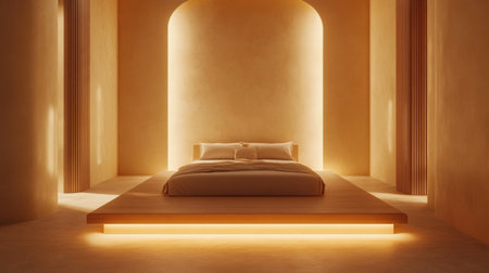 Discover a serene minimalist bedroom featuring soft textures and warm ambient lighting. This inviting space promotes relaxation and modern design aesthetics, perfect for comfort.の素材