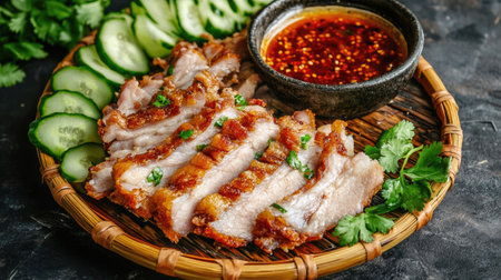 An appetizing arrangement of crispy pork on a bamboo platter, surrounded by fresh cucumber slices and a bowl of spicy dipping sauce, ideal for sharing.の素材