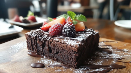 An inviting shot of brownies placed on a wooden serving board, garnished with fresh fruits and a drizzle of melted chocolate for a delicious touch.の素材