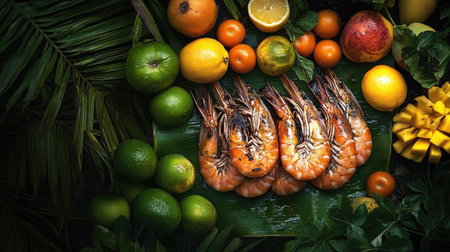 A dramatic shot of large grilled shrimp served on a banana leaf, surrounded by fresh tropical fruits and herbs, creating a vibrant and exotic presentation.の素材