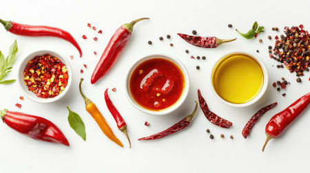 A flat lay of chili-based condiments, such as chili oil and salsa, alongside fresh and dried chili peppers, on a white background to highlight the variety.の素材