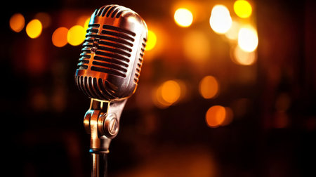Vintage microphone stands ready for a performance, surrounded by warm blurred lights that create an inviting atmosphere for an unforgettable musical experience.の素材