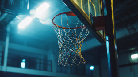 Capture the essence of basketball in an indoor gym featuring a basketball hoop. The soft lighting creates a dynamic atmosphere perfect for sports photography.の素材