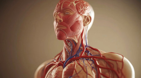 This image showcases a highly detailed 3D model of human anatomy, focusing on the vascular and muscular systems, perfect for educational and medical purposes.の素材