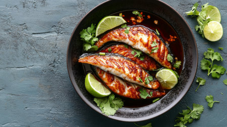 Enjoy a visually appealing dish featuring grilled fish fillets served with fresh lime slices and herbs, perfect for a healthy meal or culinary inspiration.の素材