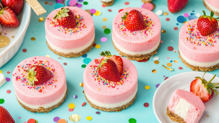 A festive display of strawberry cheesecakes arranged on a colorful tablecloth, perfect for a celebration, with confetti and decorative elements around.の素材