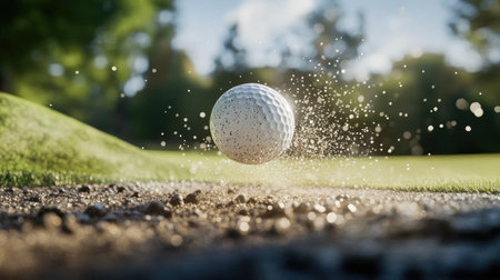 A dynamic shot of a golf ball soaring through the air after being struck by a club, with a blurred background of a green course for an action-packed feel.の素材