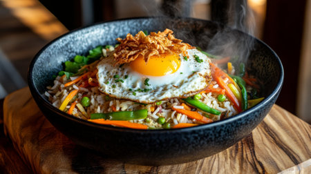 A vibrant bowl of fried rice topped with a perfectly cooked sunny-side-up egg. Fresh vegetables add color and flavor. Perfect for any meal.の素材