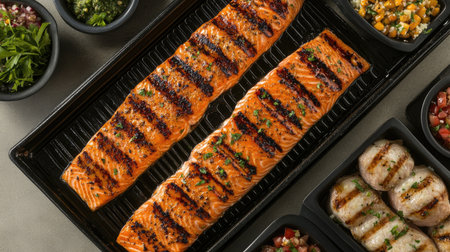 A top-down view of a grill platter with various grilled salmon preparations, highlighting different marinades and sides for a gourmet experience.の素材