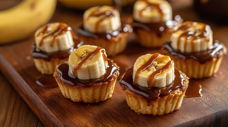 An artistic arrangement of mini banoffee tarts topped with banana slices and caramel, beautifully displayed on a wooden board.の素材