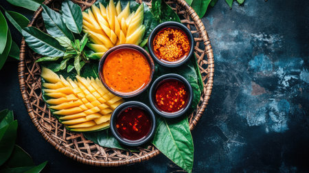 A beautifully plated dish showcasing fresh mango slices surrounded by dipping bowls of sweet fish sauce, emphasizing the contrast of colors and textures.の素材
