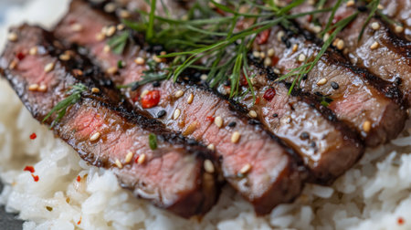 Mouthwatering grilled steak slices served on a bed of fluffy white rice. A perfect blend of flavors and textures garnished with fresh herbs and spices.の素材