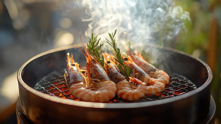 A sizzling hot grill with prawns being cooked to perfection, releasing steam and rich aromas in a vibrant outdoor setting.の素材