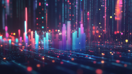Explore a vibrant abstract data visualization featuring glowing bars and light trails. This colorful graphic captures the essence of technology and analytics.の素材