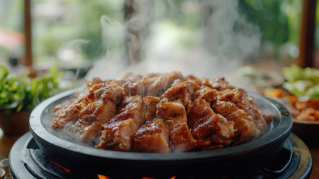 A steaming platter of crispy pork with glistening skin, served on a traditional Thai-style table setting, evoking a sense of warmth and flavor.の素材