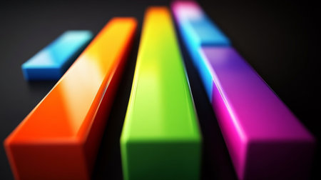 A captivating arrangement of colorful rectangles features vibrant shades of orange, green, blue and purple, creating a modern abstract composition on a sleek black background.の素材