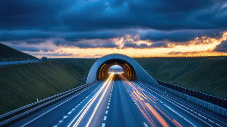 A dramatic shot of a motorway leading into a tunnel, with headlights illuminating the entrance, conveying a sense of journey and exploration.の素材