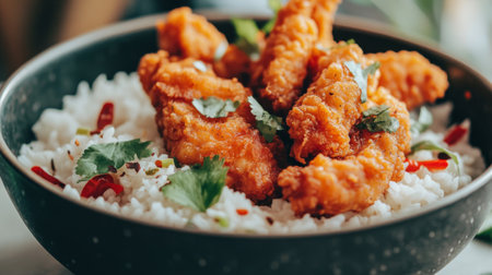 This image features crispy chicken pieces served atop a bed of fluffy white rice, garnished with fresh cilantro and spices, perfect for a delightful meal.の素材