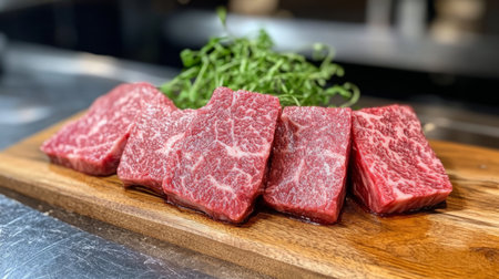 A selection of fresh beef cuts displayed on a wooden board, showcasing intricate marbling. Ideal for food photography, culinary inspiration, or menu design.の素材