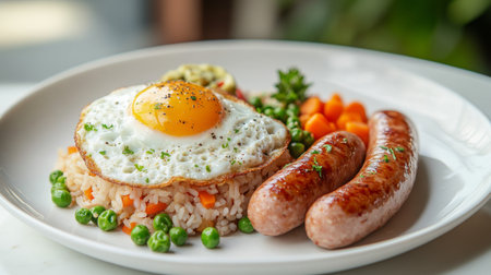 A mouthwatering breakfast plate featuring a perfectly fried egg, juicy sausages, and a colorful assortment of vegetables on rice. Perfect for a nutritious morning.の素材