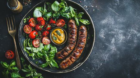 This image showcases grilled sausages beautifully arranged with fresh vegetables and mustard on a dark rustic background, perfect for food lovers and culinary presentations.の素材