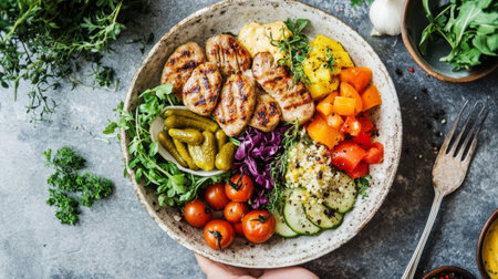 A vibrant salad bowl featuring grilled chicken, assorted fresh vegetables, and herbs, perfect for healthy eating. Ideal for meal prep or food photography.の素材