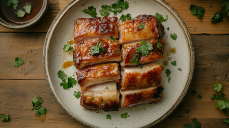 Indulge in this beautifully presented crispy roast pork belly with fresh coriander. Perfect for dinner parties, this dish combines rich flavors with mouthwatering textures.の素材