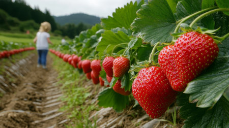 A young child explores a vibrant strawberry field with lush green leaves and ripe red fruit. The scene captures the joy of summertime farming activities.の素材