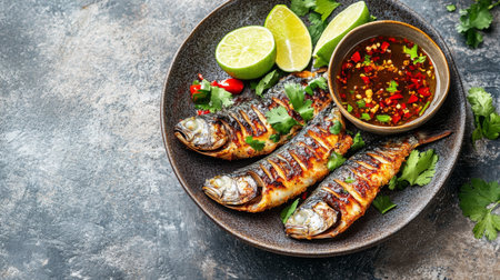 Delight in grilled fish garnished with fresh herbs, lime wedges, and a spicy dipping sauce. Ideal for presenting delicious summer meals and culinary artistry.の素材
