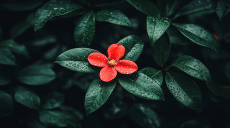 A striking red flower stands out amidst lush green leaves, adorned with raindrops that enhance its vibrant beauty, creating a serene, natural atmosphere.の素材