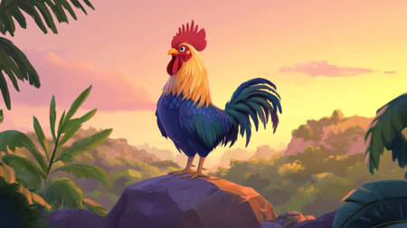 A vibrant and colorful rooster stands proudly on a rock during sunrise, surrounded by lush greenery. The scene captures the essence of nature and rural beauty.の素材