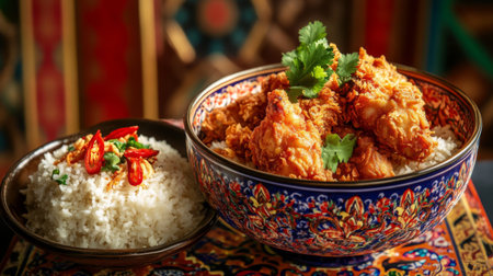 A beautifully crafted dish featuring crispy fried chicken served over a bed of fluffy rice, garnished with fresh herbs and chili, creating an inviting culinary experience.の素材