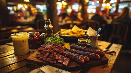 Enjoy a mouthwatering barbecue platter featuring sausages, fries, and fresh herbs, set on a rustic wooden table in a cozy dining atmosphere.の素材