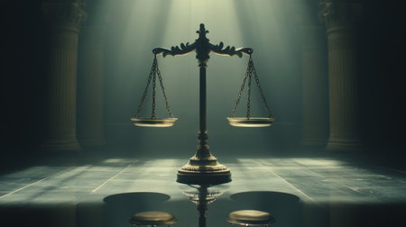 This image showcases an elegant scale of justice set in a dramatic environment, illuminated by soft lighting. It symbolizes fairness and equality in the legal system.の素材