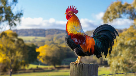 A vibrant rooster stands proudly on a fence post, showcasing its colorful plumage against a stunning rural backdrop, embodying the essence of farm life.の素材