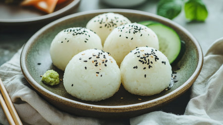 Experience the visual delight of soft rice balls garnished with sesame seeds and served with cucumber and wasabi, ideal for Asian culinary themes.の素材