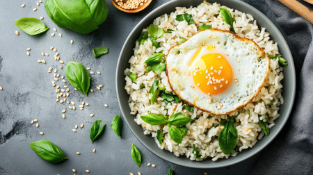 An artistic arrangement of basil fried rice with a fried egg and a sprinkle of sesame seeds, showcasing the texture and colors in a beautifully styled settingの素材
