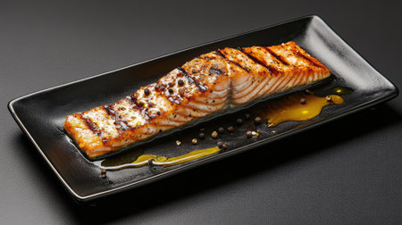An elegant presentation of grilled salmon on a sleek black plate, accompanied by a drizzle of olive oil and a sprinkle of black pepper, emphasizing its gourmet appealの素材
