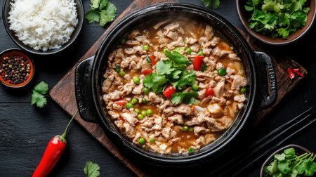 An elegant presentation of sukiyaki in a traditional cast iron pot, bubbling away with rich flavors, garnished with fresh herbs and accompanied by a side of riceの素材
