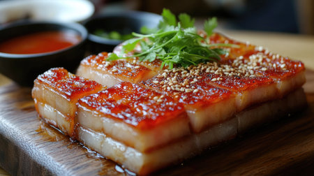 An elegant presentation of pork belly slices, served on a wooden board with fresh herbs, a side of dipping sauce, and a sprinkle of sesame seeds for added textureの素材