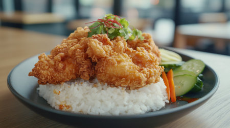 Indulge in a plate of crispy fried chicken served on a bed of steamed rice, complemented by fresh vegetables for a delightful meal experience.の素材