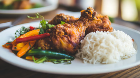 A beautifully plated dish featuring crispy fried chicken, fluffy rice, and vibrant vegetables. This meal is a perfect blend of flavors and textures.の素材