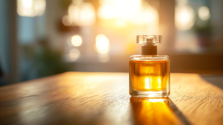 A stunning glass perfume bottle rests on a wooden table, illuminated by soft sunset light. This elegant composition captures the essence of beauty and luxury.の素材